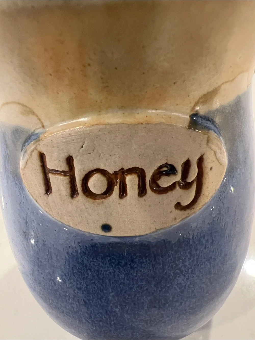 Handmade Blue Ceramic Honey Jar, Lid and Dipper, Homestead Pottery, Waco, Texas